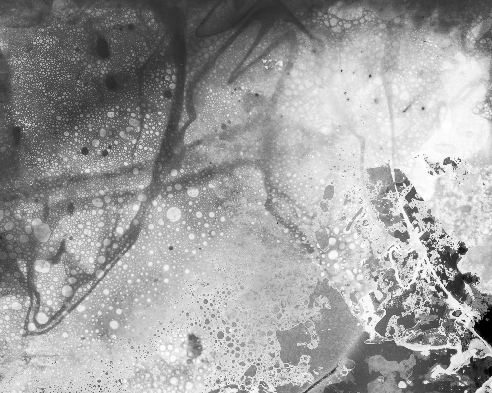 Monochrome contact print of bubbles and foam